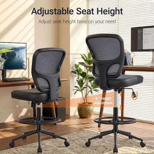 Miniatura 4 de HYLONE Silla de oficina sin brazos con reposapiés, silla de escritorio giratoria de piel sintética, silla de dibujo de altura ajustable para oficina