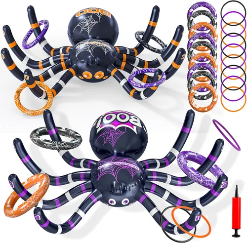 Miniatura 9 de Garma Juegos de lanzamiento de anillos de araña de Halloween para niños, decoraciones de araña inflable gigante, juego de fiesta de Halloween, 1