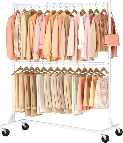 Miniatura 10 de Hoctieon Estante de doble barra Z, estantes de ropa rodantes con base en Z, perchero ajustable para ropa, perchero de pie para ropa de pie, perchero