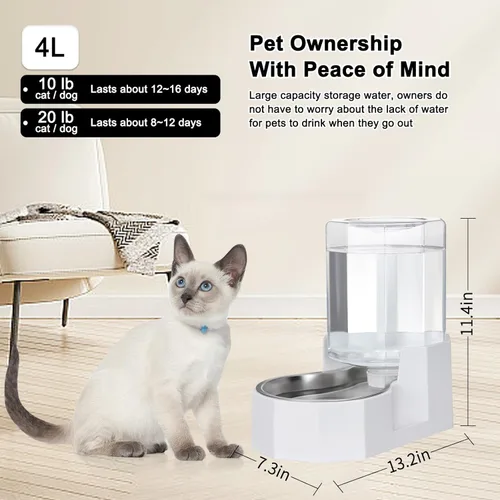 Miniatura 3 de Sfozstra - Dispensador de agua por gravedad: Comedero automático de 4L en acero inoxidable blanco para gatos sin filtros para mascotas, uso