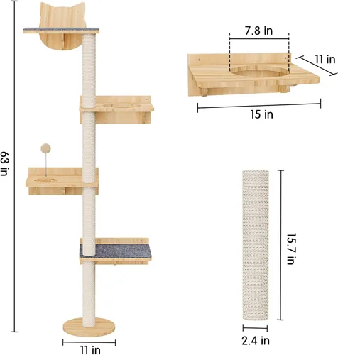 Miniatura 2 de Árbol para gatos montado en la pared con 2 alfombras antideslizantes, poste rascador de sisal de 63 pulgadas de alto y estantes para gatos con bola