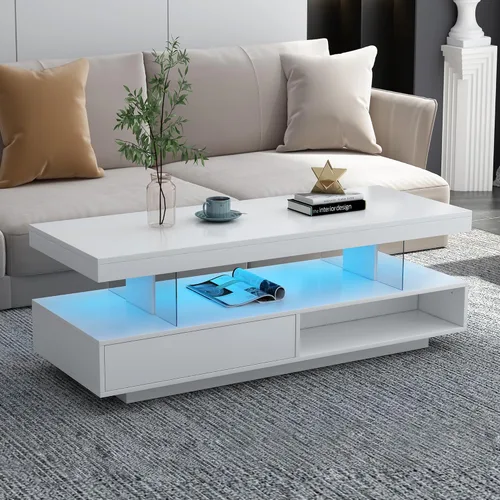 Mesa auxiliar LED con almacenamiento, mesa central moderna con estante abierto y 2 cajones deslizantes dobles, muebles decorativos con luces LED