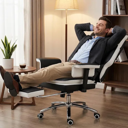 Miniatura 3 de Silla de oficina resistente con reposapiés de respaldo alto, silla de oficina de piel sintética con soporte lumbar ajustable, silla de escritorio