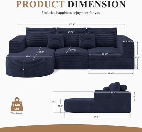Miniatura 2 de Sofá modular modular con diván en forma de L, sofá cama moderno seccional Cloud con asiento profundo, sofás de compresión de esponja, no requiere