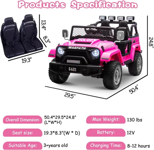 Miniatura 5 de OTTARO Vehículos de conducción eléctrica de 2 plazas, camión eléctrico grande con batería de 12V para niños con control remoto, suspensión de Rosa