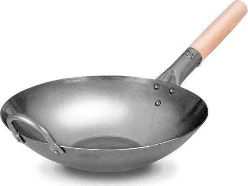 Craft Wok Wok plano de acero al carbono martillado a mano con mango auxiliar de madera y acero (12 pulgadas, parte inferior plana) / 731W316-12