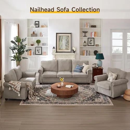 Miniatura 7 de ONBRILL Sillón con ribetes de tachuelas, silla decorativa con brazos curvos para sala de estar, cómoda silla de club de felpilla con cojines