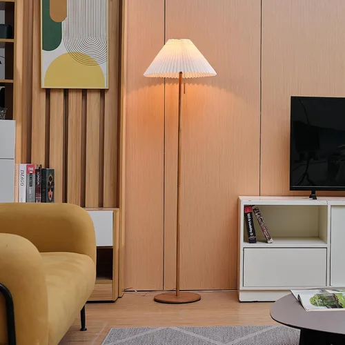 Miniatura 3 de GLOBE Electric 61000053 - Lámpara de pie de 62 pulgadas, acabado en tono madera, pantalla de tela plisada, interruptor de cadena de tracción, luz