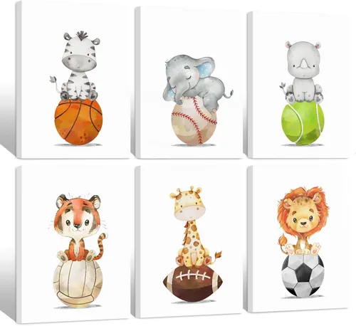 Miniatura 26 de Arte de pared para bebé niño, decoración deportiva para guardería, lienzo de animales de safari, arte de pared de bosque para habitación de bebé