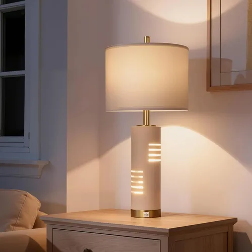 Miniatura 5 de KIVDITZO Juego de 2 lámparas de mesa de piedra sintética de 27.5 pulgadas, lámparas para sala de estar con luz nocturna, puertos USB A+C, modernas