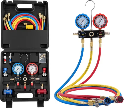 Miniatura 16 de VEVOR - Juego de manómetros AC, juego de manómetro de manifold de AC de 3 vías para refrigerantes R134A, R22, R12, R502 – Los manómetros de freón