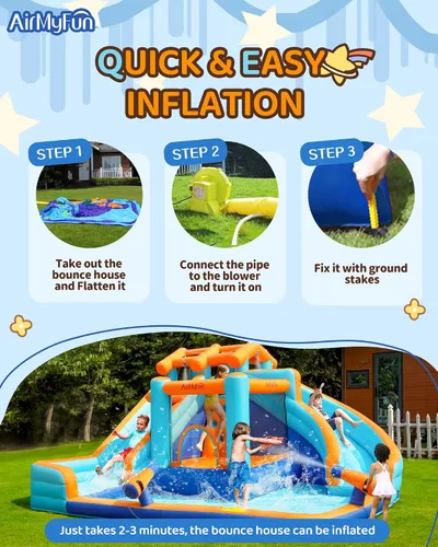 Miniatura 7 de AirMyFun Tobogán acuático inflable para patio trasero de niños, Mega parque acuático 9 en 1 con toboganes de carreras duales, pista deslizante larga