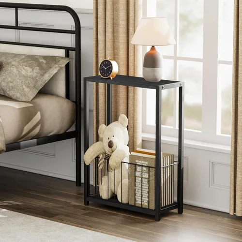 Miniatura 8 de Homleke Juego de 2 mesas laterales estrechas con soporte para revistas, mesas auxiliares delgadas perfectas para espacios pequeños, diseño que Negro