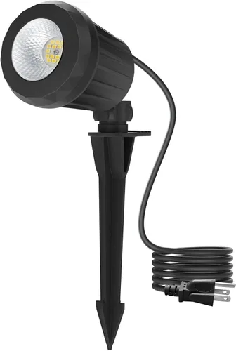 Foco para exteriores – Enchufe de 120 V, 2700 K, luces LED de paisaje blanco cálido con 3 lentes RGB para patio, jardín, césped y decoración de
