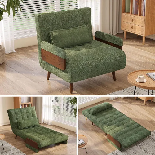 Miniatura 8 de JASIWAY Silla convertible para adultos, silla futón convertible 3 en 1 de lino con almohada, sofá cama individual plegable, cama de invitados