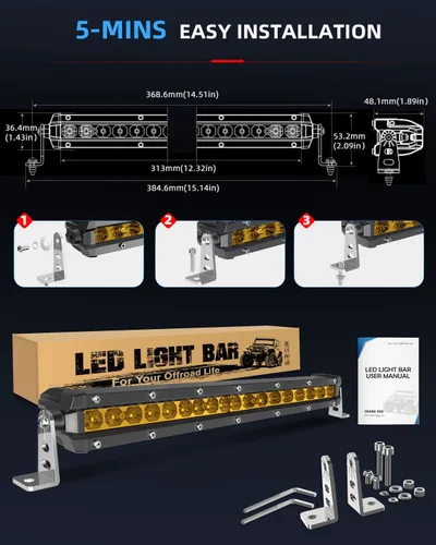 Miniatura 5 de BraveWAY Barra de Luz LED Amarilla de 14 Pulgadas Fila Única 6480LM Haz Combinado Spot Flood Niebla Ámbar Barra de Luz Todoterreno para Camión