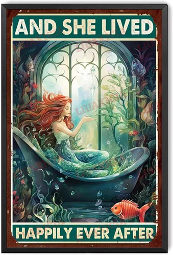 Miniatura 9 de LIUAXICIA Letrero de lata retro con diseño de sirena y ella vivió feliz para siempre, para decoración del hogar, 8 x 12 pulgadas, pintura de lata