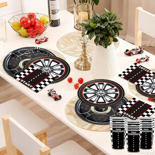 Miniatura 5 de Juego de vajilla para decoración de fiesta de cumpleaños de coche de carreras, incluye pancartas de cumpleaños de autos de carreras, globos