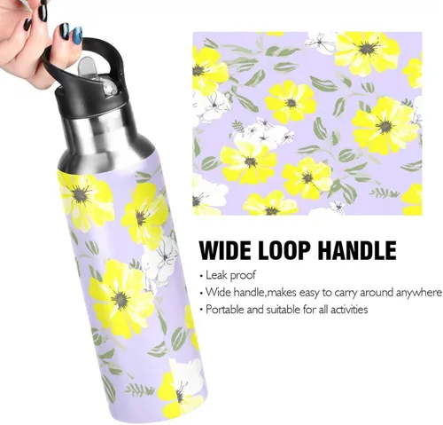 Miniatura 4 de White Yellow Flowers Violet Stainless Steel Water Bottle 32 Oz Leakproof Water Bottles, BPA-Free Sports Water Bottle with Straw