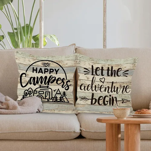 Miniatura 4 de Fundas de almohada decorativas con temática de campamento, 2 x 18 x 18 pulgadas, mezcla de lino y algodón beige, impresión de letras rústicas