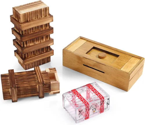 Miniatura 8 de Zhanmai 4 Piezas Cajas de Rompecabezas de Madera Cajas de Rompecabezas de Madera para Tarjetas de Regalo Portadores de Estuches de Dinero