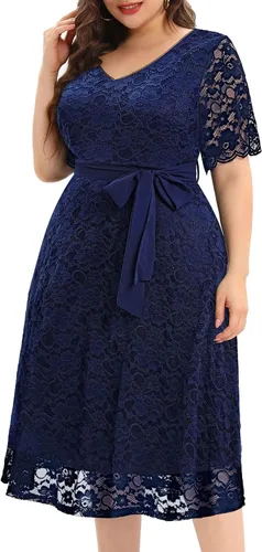 Miniatura 4 de Vestido midi de manga corta con encaje para mujer, talla grande, para despedida de soltera, invitada de boda, cóctel, semiformal, cuello en V