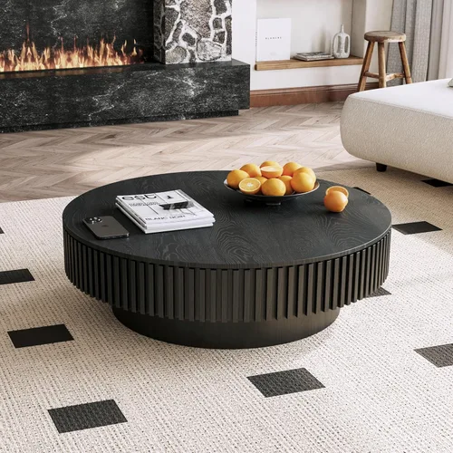 Miniatura 20 de Mesa de centro redonda con almacenamiento, moderna mesa de centro de madera con chapeado de madera maciza, mesa central circular mesa de té de 31.5