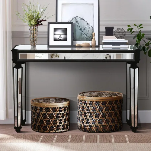 Mesa de consola con espejo de 48 pulgadas, mesa de entrada moderna de plata glamorosa con borde tallado negro vintage con espejo de vidrio para sala
