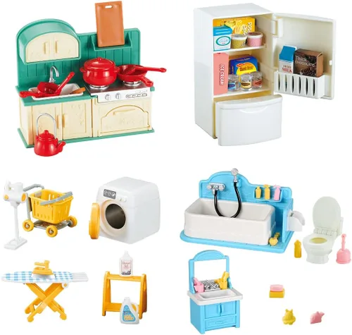 TAKIHON Muebles para Casa de Muñecas, Juego de Juguetes de Cocina y Baño, Juego de Refrigerador y Lavadora para Niños, Accesorios en Miniatura para
