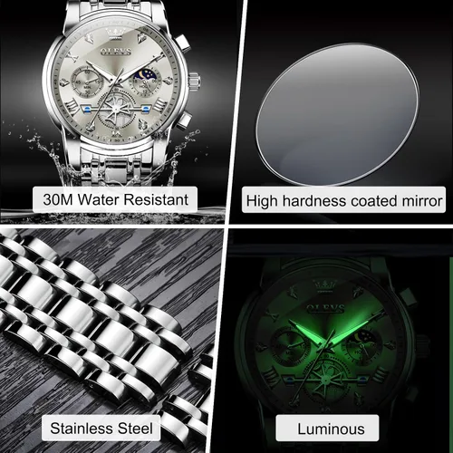 Miniatura 4 de OLEVS Relojes para hombre de acero inoxidable con cronógrafo, reloj de pulsera grande analógico de cuarzo, relojes de vestir impermeables de moda
