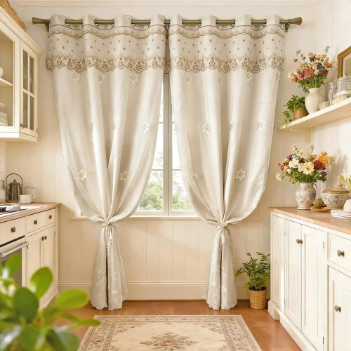 Miniatura 7 de Amidoudou 1 par de cortinas europeas de doble capa para sala de estar, dormitorio, cortinas bordadas de flores de lujo con cenefa