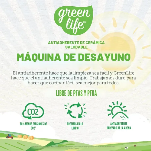 Miniatura 10 de Estación de preparación de desayuno 3 en 1 GreenLife, planchas duales antiadherentes de cerámica saludables para huevos, carne, salchichas, tocino