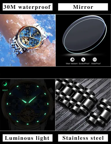 Miniatura 6 de OLEVS Relojes automáticos de cuerda automática para hombre, fecha y día, calendario, relojes de acero inoxidable, movimiento esquelético