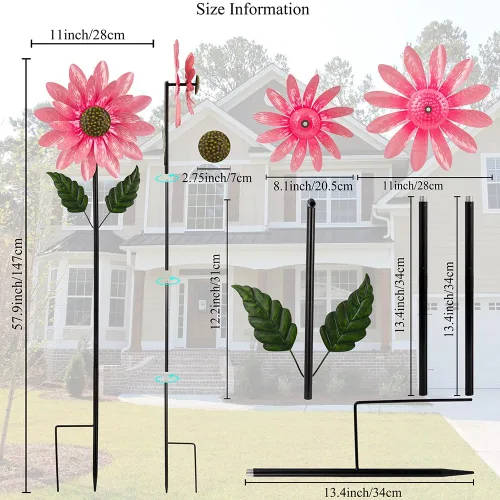Miniatura 3 de Viveta Molinillo de viento para exteriores, escultura de viento decorativa con estaca resistente, molinetes rosas para patio y jardín
