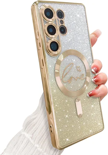 Miniatura 256 de ZONRW - Funda para Samsung Galaxy S22 Ultra magnética, para mujeres y niñas, cubierta trasera suave, lujosa, con corazón de amor, bling, degradado