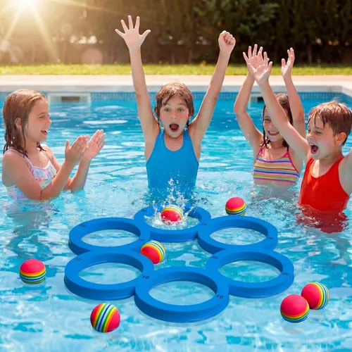 Miniatura 6 de Hiboom Juego de piscina con puntuación, combo de flotadores de espuma para piscina con 10 bolas de lanzamiento coloridas, juego de lanzamiento