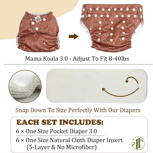 Miniatura 4 de Mama Koala Pañales de tela 3.0 para bebé con 6 insertos, con 2 paquetes reutilizables para colgar en seco y húmedo