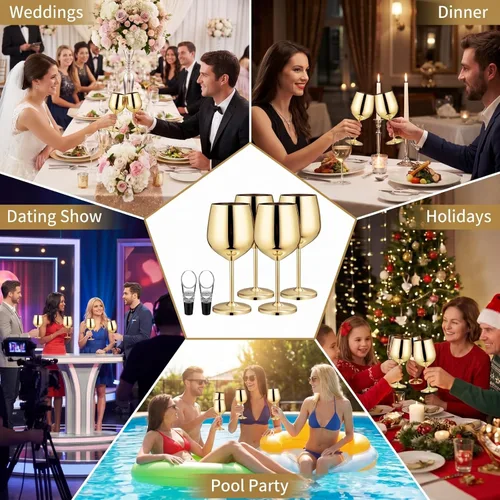 Miniatura 6 de Patelai 4 piezas de vidrio dorado de acero inoxidable con 2 vertedores aireadores, copas de vino de metal irrompibles con tallo dorado para boda