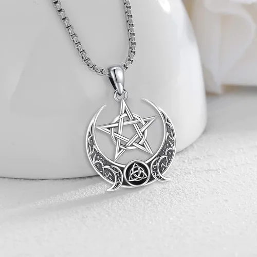 Miniatura 77 de Collar de pentagrama de plata de ley con triple luna, diosa celta, nudo celta, nudo de brujas, Ankh, sol y luna, Hécate, lilith, Santa Muerte