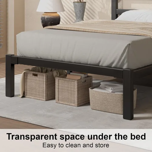 Miniatura 5 de E-Motie - Base de cama de tamaño individual, marco de cama de plataforma metálica con cabecero y estribo, espacio de almacenamiento debajo