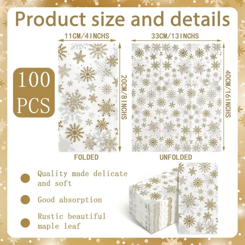 Miniatura 3 de Hotop Paquete de 300 servilletas desechables de Navidad con copos de nieve, toallas de mano desechables de papel para invitados, servilletas
