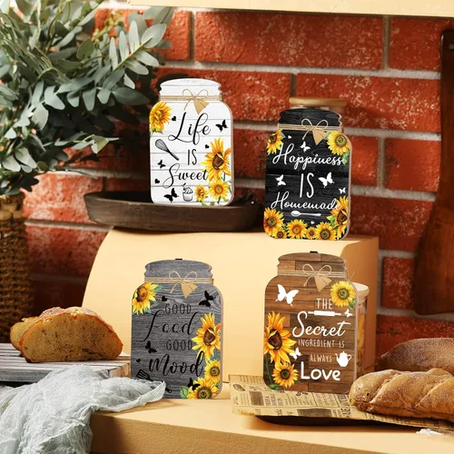 Miniatura 6 de Qunclay Juego de 4 tarros de madera rústica para decoración de pared de cocina con girasol, decoración del hogar, decoración inspiradora