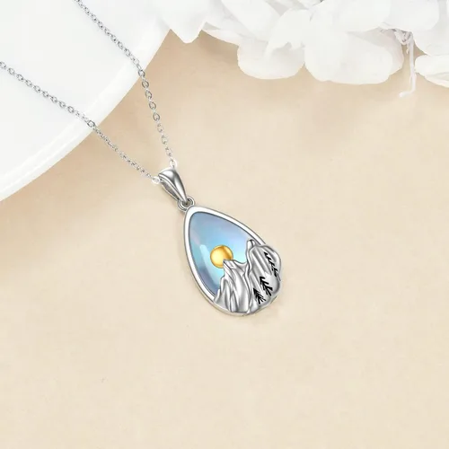 Miniatura 3 de YFN Collar de plata de ley con dije de onda del océano y cadena de montaña, regalo de joyería para esquiadores, excursionistas, campistas