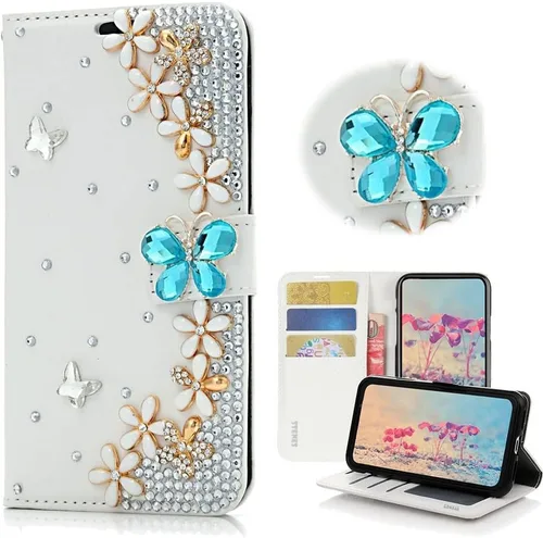 Bling Wallet - Funda de piel compatible con Google Pixel 6a, elegante, 3D, hecha a mano, diseño floral, diseño floral, con correa para el cuello y