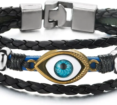 Miniatura 3 de COOLSTEELANDBEYOND Pulsera de tres filas de cuentas de cuero contra el mal de ojo para hombre y mujer