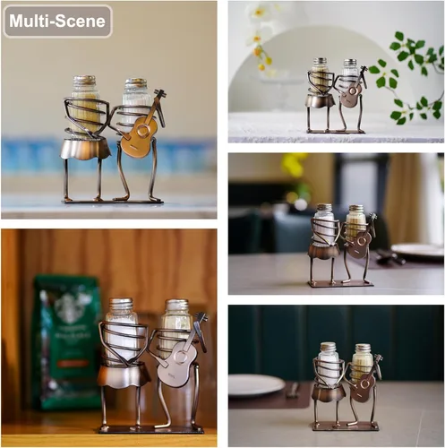 Miniatura 5 de Divertido juego de saleros y pimenteros novedad - Dos saleros de vidrio con tapas, soporte para parejas de guitarra para especias y condimentos