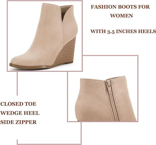 Miniatura 3 de LAICIGO Botines de cuña con corte en V para mujer, con cremallera, puntera cerrada, tacón apilado, botas de invierno de gamuza sintética