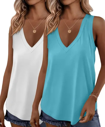 Miniatura 7 de KKJ Paquete de 2 camisetas sin mangas para mujer, cuello en V, camisetas de verano sin mangas, ajuste holgado, casual, trajes de vacaciones, camisas