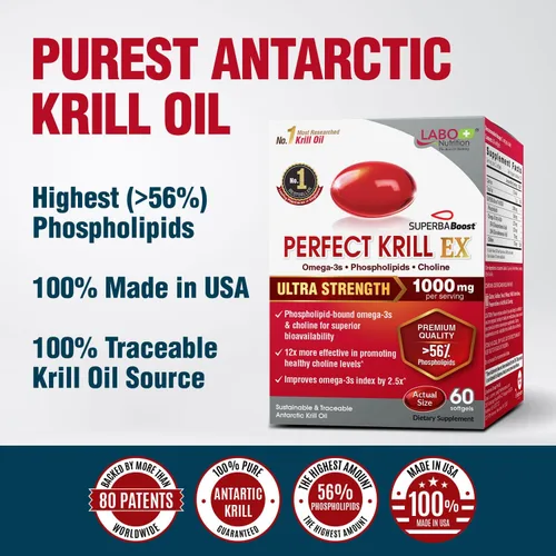 Miniatura 5 de LABO Nutrition Perfect Krill EX, 1000 mg de aceite de krill antártico Omega 3 EPA DHA, los fosfolípidos más altos (más del 56%) con colina