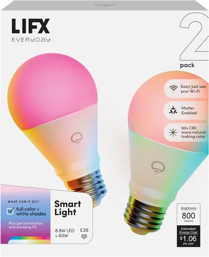 LIFX Paquete de 2 bombillas inteligentes A19, RGBW que cambian de color + blanco sintonizable, 800 lúmenes, compatible con materia, funciona con